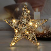 LED vánoční hvězda kovová, glitter, zlatá, 14xLED, 2xAA