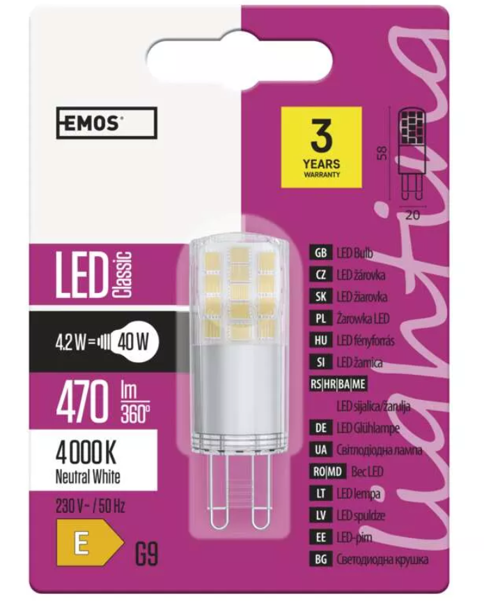 EMOS ZQ9543 Emos LED žárovka s paticí G9 E 4,2W, neutrální bílá