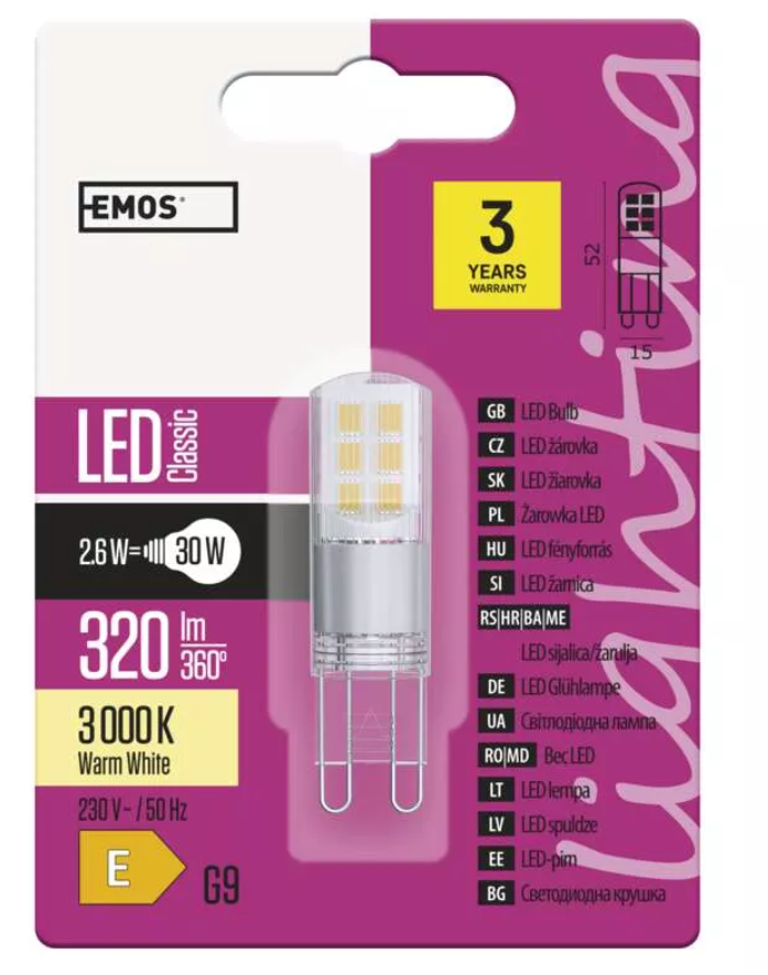 Emos LED žárovka 2,6W G9 teplá bílá ZQ9533