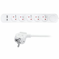 Prodlužovací kabel, 5 zásuvek, USB A+C nabíječka 2.4A, 3m, 3 x 1mm2, bílý, vypínač, Solight