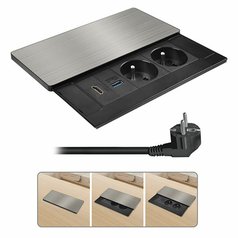 Vestavný blok 2 zásuvek, USB A+C 20 W PD, HDMI, posuvný kryt, stříbrný, Solight
