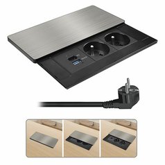 Vestavný blok 2 zásuvek, USB A+C 65 W PD, posuvný kryt, stříbrný, Solight