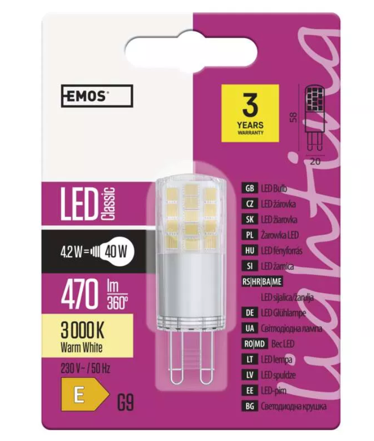 EMOS ZQ9542 Emos LED žárovka s paticí G9 E 4,2W, teplá bílá